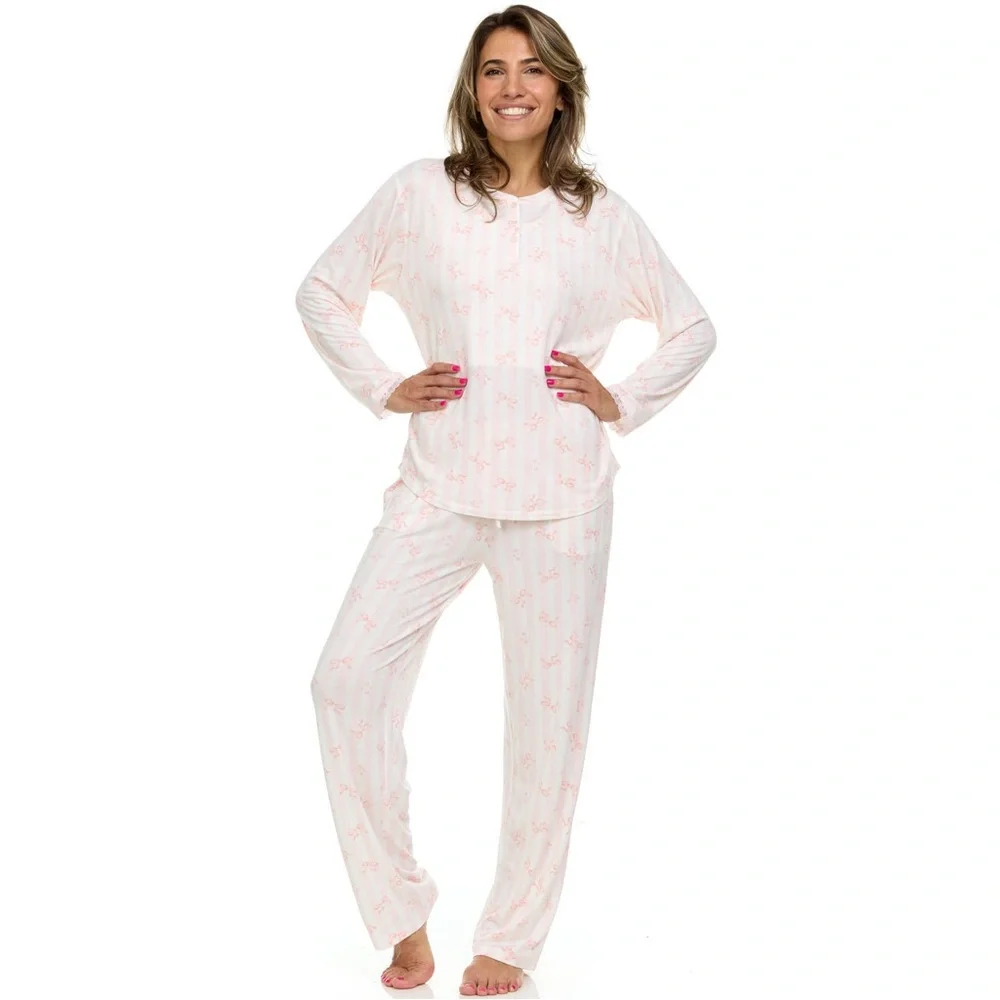 NWT Flora Nikrooz 2-Piece Pink Bows Pajama Set - Picture 3 of 15